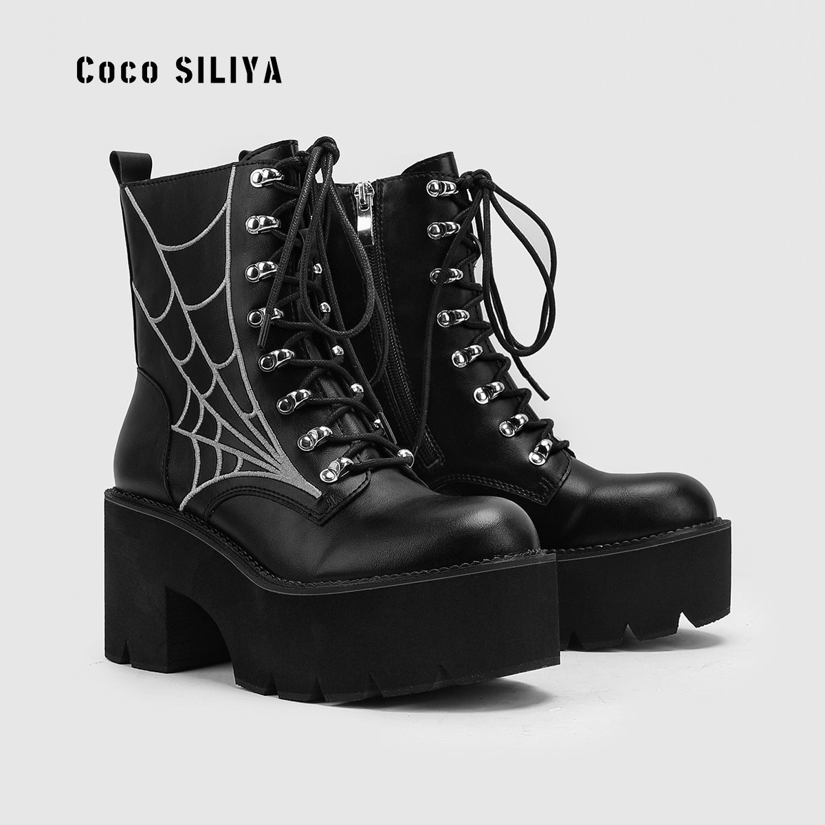 Women's Cobweb Halloween Boots With Chain Detail Thick Sole Boots