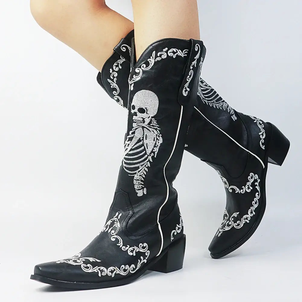 Bottes de cowgirl à talons hauts pour femmes à mi-mollet et à talons courts Skull