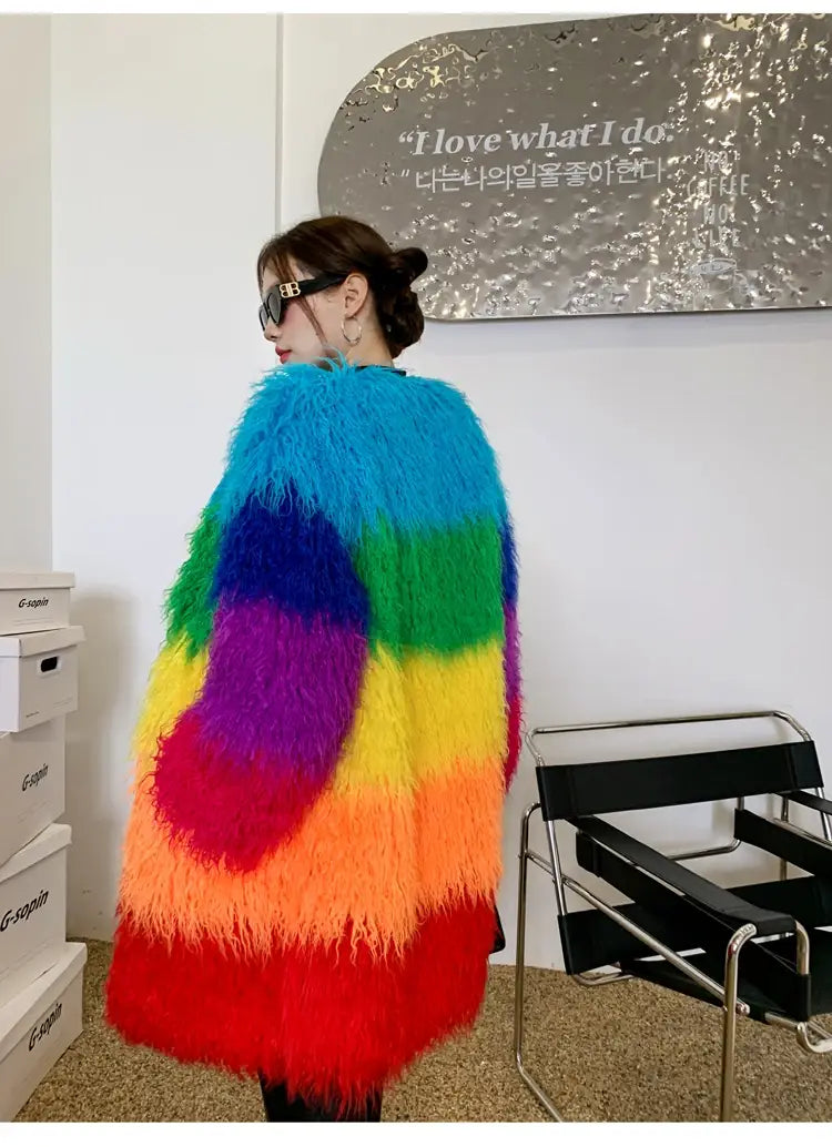 Winter Faux Fur Coat Shaggy Rainbow Outerwear