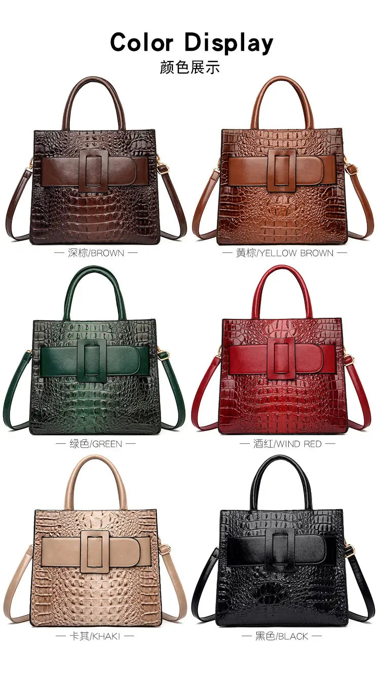 Womens crocodile shoulder crossbody tote bag in six colors with stylish top handles.