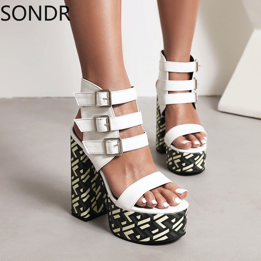 Womens Platform Peep Toe Belt Buckle Sandals Super 15CM Heel Shoes