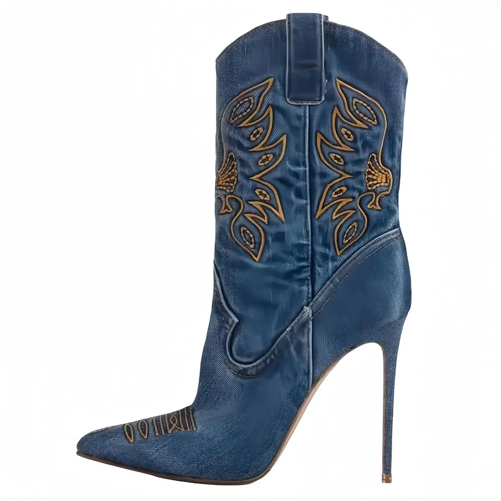 Marineblauer Stiletto-Cowboystiefel mit Goldstickerei für den stylischen Damen-Western-Cowboy-Look.