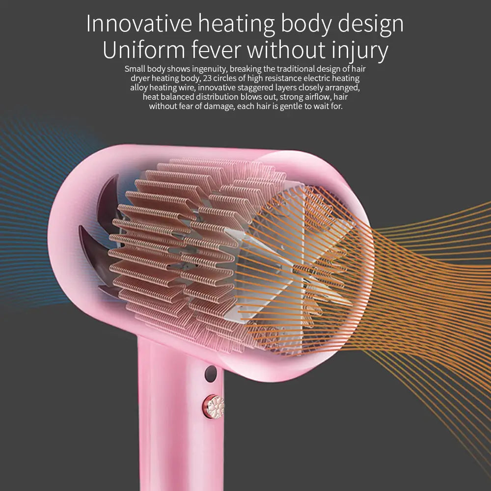 Pink high power hair dryer featuring an innovative internal heating element design.