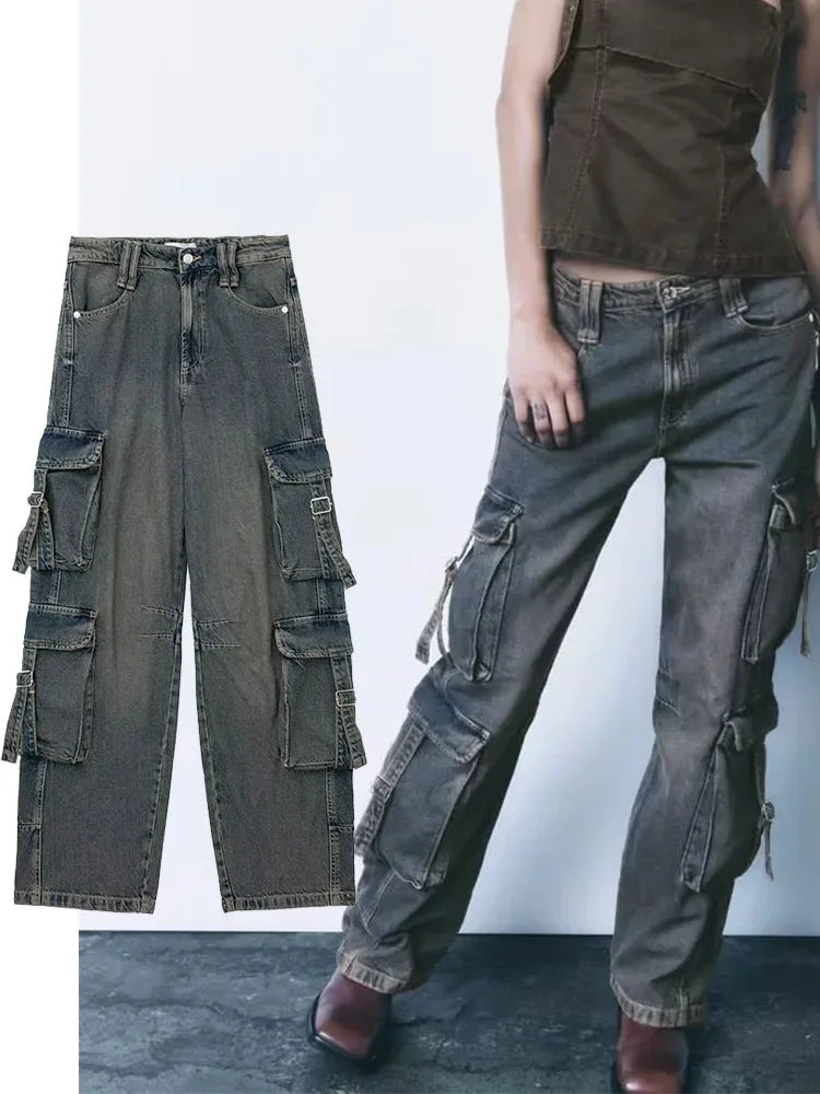 Womens Denim Cargo Long Pants Vintage Casual Street Loose Trousers - Pleasures and Sins   Pleasures and Sins