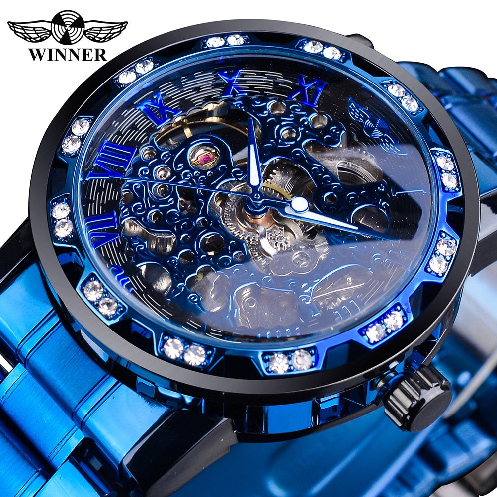 Mens Rhinestone Roman Analog Skeleton Mechanical Stainless Steel Luminous Watch - Pleasures and Sins   Pleasures and Sins