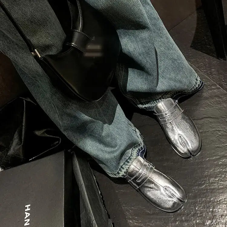 Metallic Silver Genuine Leather Split Toe Block Loafers with gray jeans for a stylish look