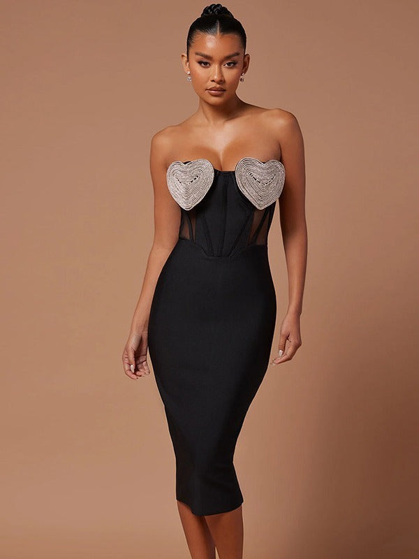 Sexy Heart Chest Diamond Dew Backpack Hip Skirt Bandage Party Dress - Pleasures and Sins   Pleasures and Sins