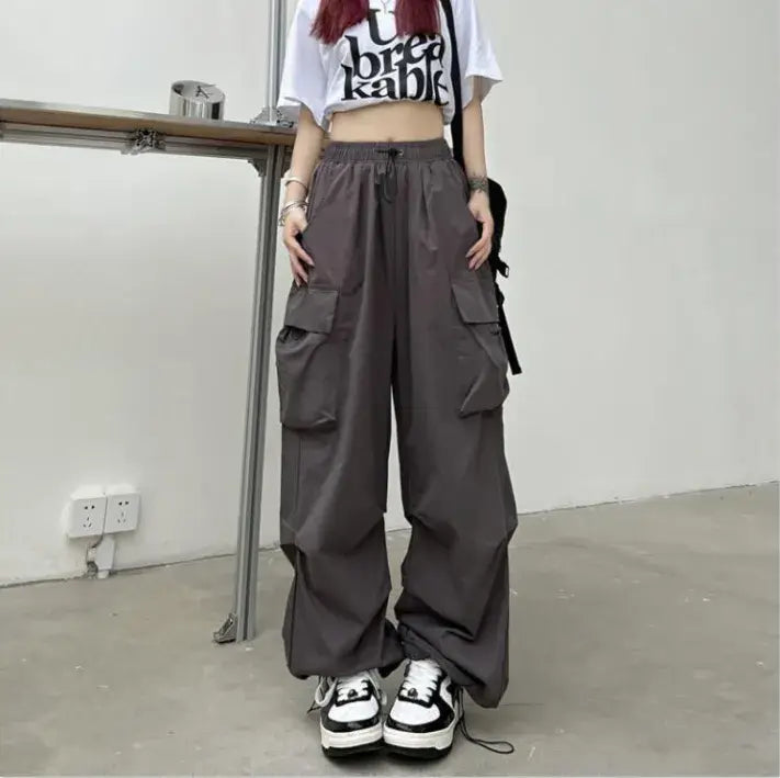 Damen Streetwear Cargo Baggy Parachute Wide Leg Hose