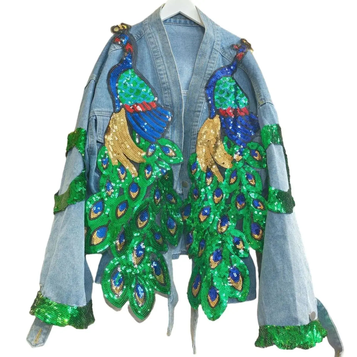 Womens V-neck 3D Peacock Sequined Embroidered Denim Jacket - Pleasures and Sins   Pleasures and Sins