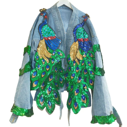 Womens V-neck 3D Peacock Sequined Embroidered Denim Jacket