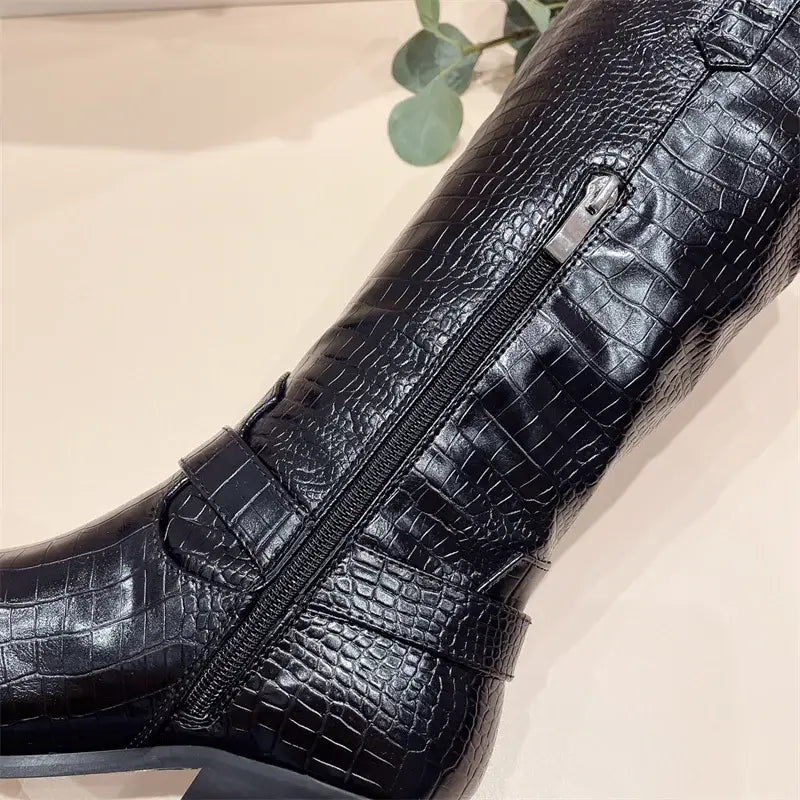 Riding Western Cowboy Knee High Boots Black Snake Print Low