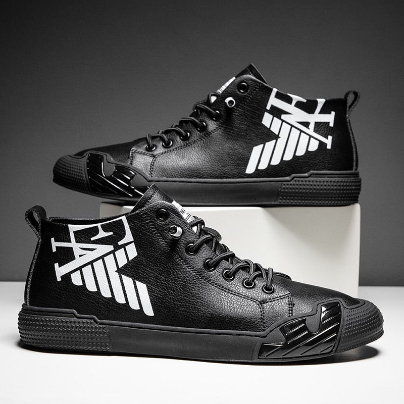 Mens Black Printed High top Sneakers Skateboard Shoes Letters E A - Pleasures and Sins   Pleasures and Sins