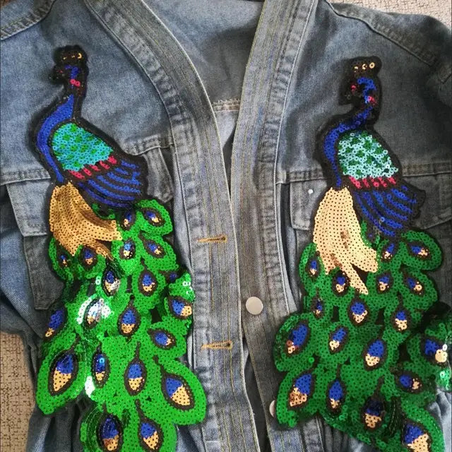 Womens V-neck 3D Peacock Sequined Embroidered Denim Jacket - Pleasures and Sins   Pleasures and Sins