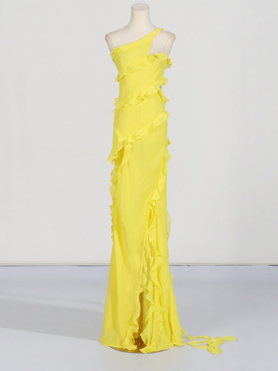 Yellow Elegant style one shoulder long dress asymmetric split - Pleasures and Sins   Pleasures and Sins