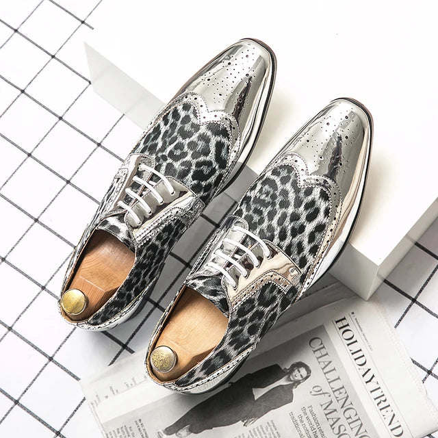 Mens Gold or Silver Patent Leopard Print Shoes - Pleasures and Sins   Pleasures and Sins