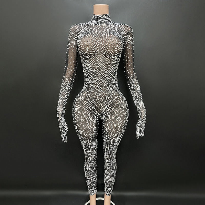 Round neck long sleeved skin tight Rhinestone jumpsuit with gloves - Pleasures and Sins   Pleasures and Sins