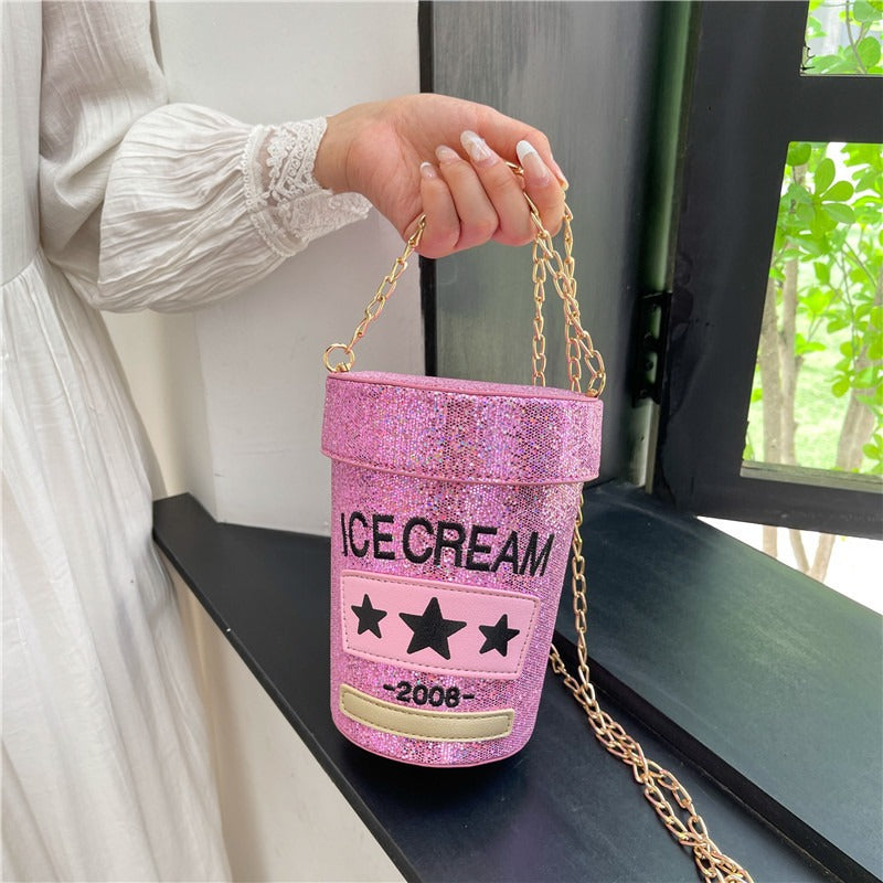 Sequin crossbody small round bag In shape of ice cream pot design - Pleasures and Sins   Pleasures and Sins