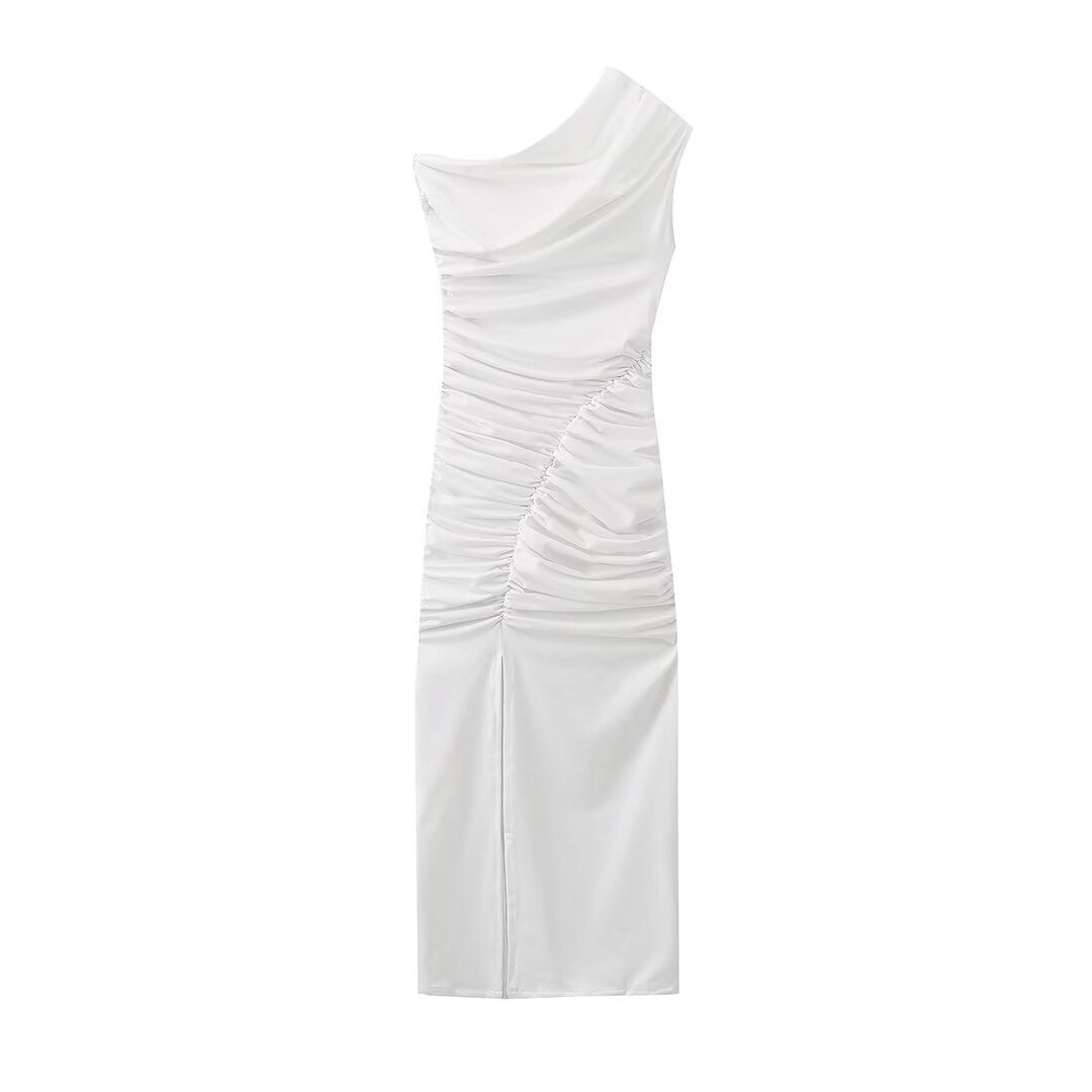 Sexy women's front split pleated decoration elasticated asymmetrical sleeveless dress - Pleasures and Sins   Pleasures and Sins