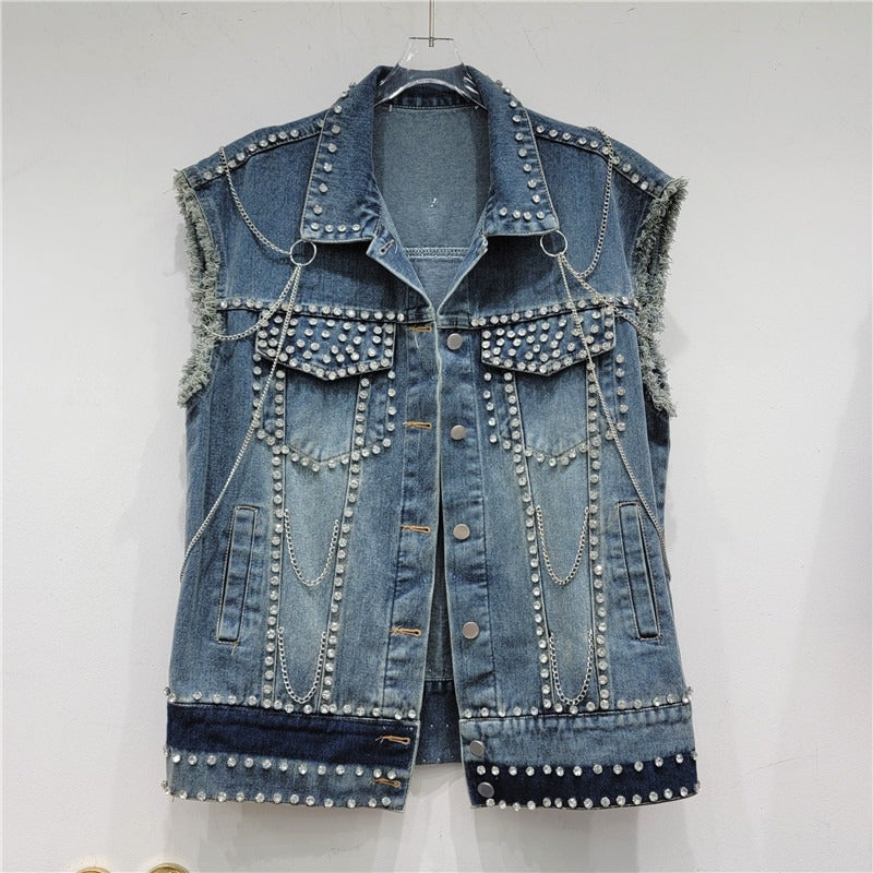 Studded Chain Design Womens Frayed Hem Sleeveless Denim Waistcoat - Pleasures and Sins   Pleasures and Sins