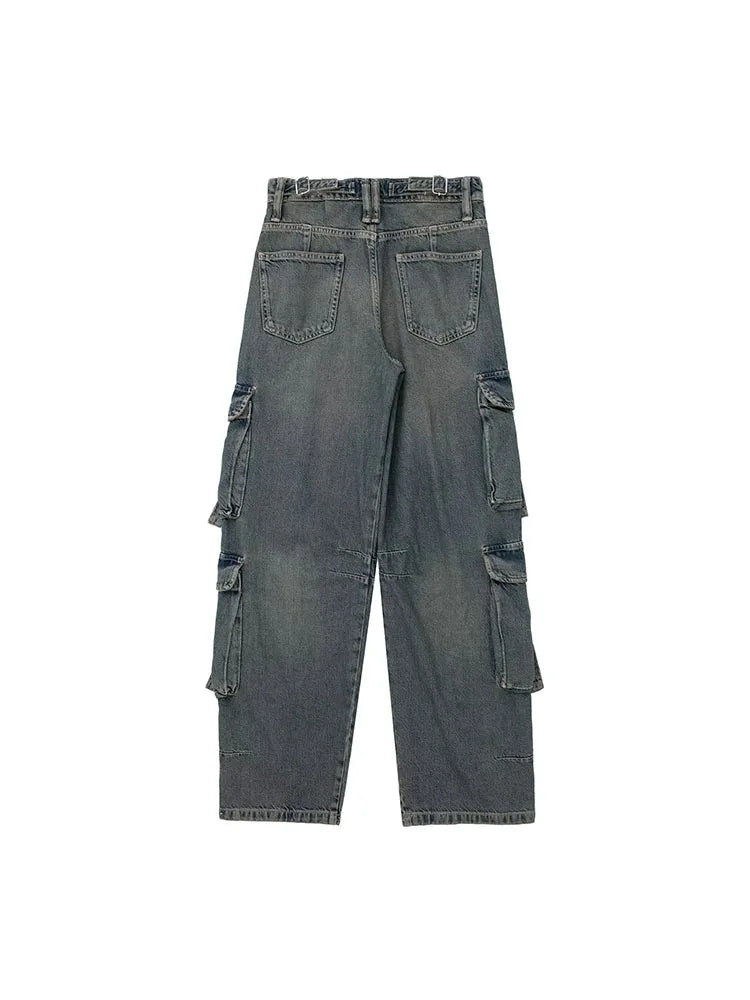 Womens Denim Cargo Long Pants Vintage Casual Street Loose Trousers - Pleasures and Sins   Pleasures and Sins