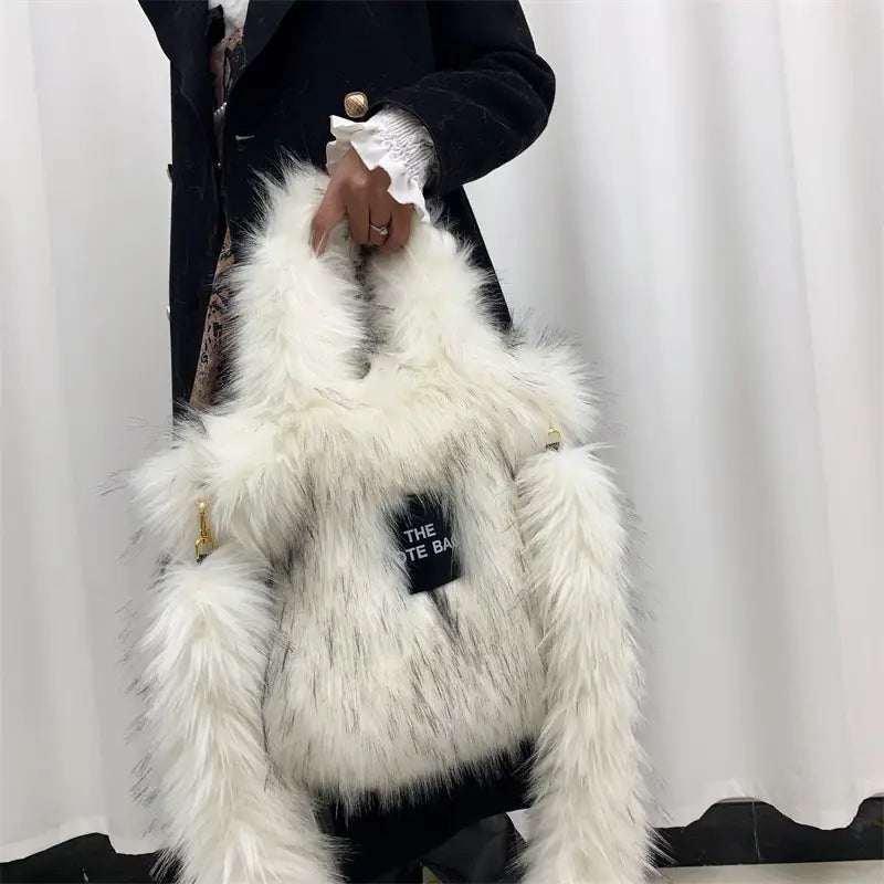 White furry crossbody tote bag with black label patch, perfect large capacity bag.