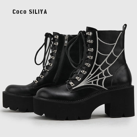 Women's Cobweb Halloween Boots With Chain Detail Thick Sole Boots