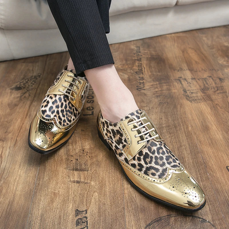 Mens Gold or Silver Patent Leopard Print Shoes - Pleasures and Sins   Pleasures and Sins