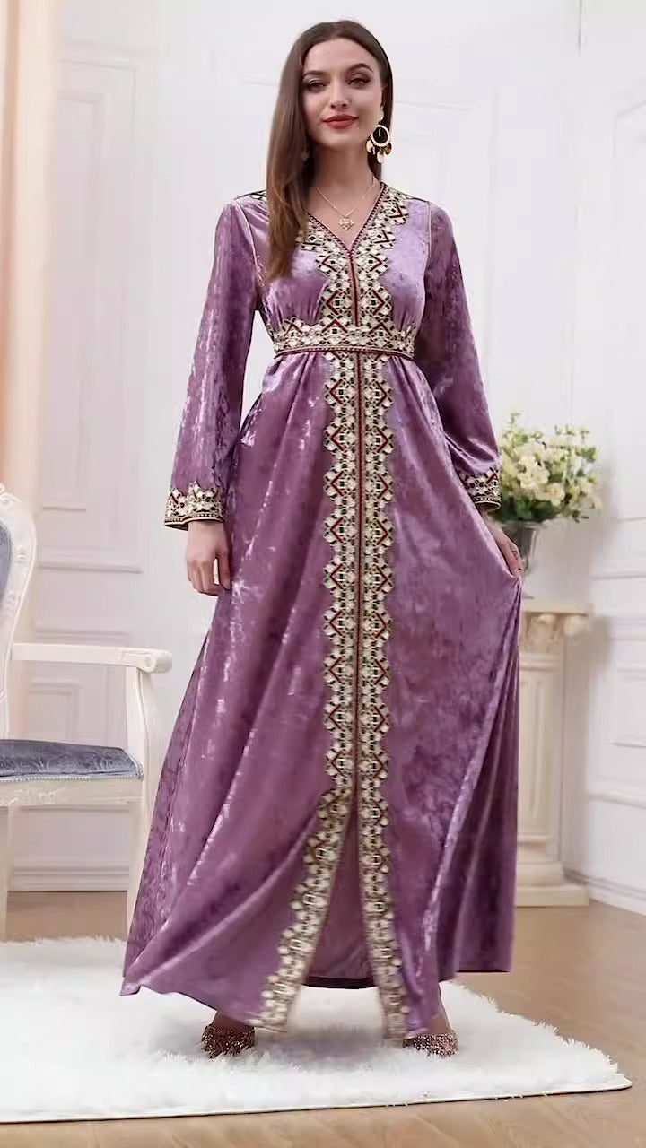 Muslim autumn, winter loose fitting long sleeved golden velvet dress - Pleasures and Sins   Pleasures and Sins