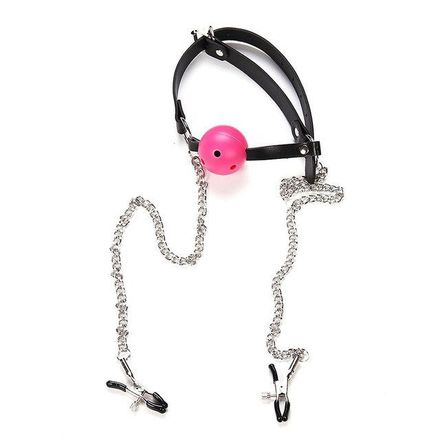 Ball gag With Attached Nipple Clamps For Adult Bondage BDSM Play - Pleasures and Sins   Pleasures and Sins