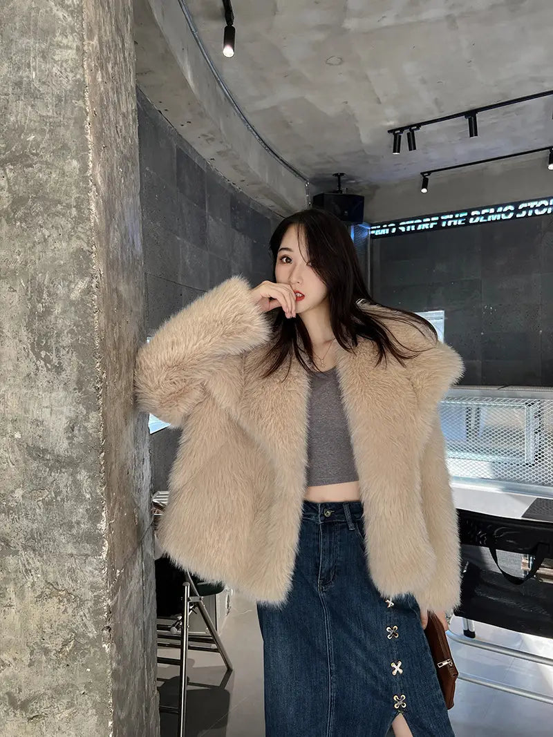 Ladies Large Lapel Fur Coat Elegant Long Sleeve Warm Fur