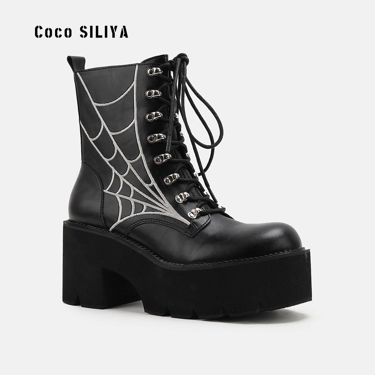 Women's Cobweb Halloween Boots With Chain Detail Thick Sole Boots