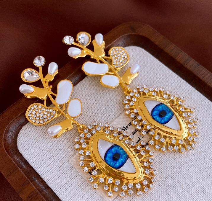 Retro high-end diamante and evil eye earrings, niche and versatile earrings