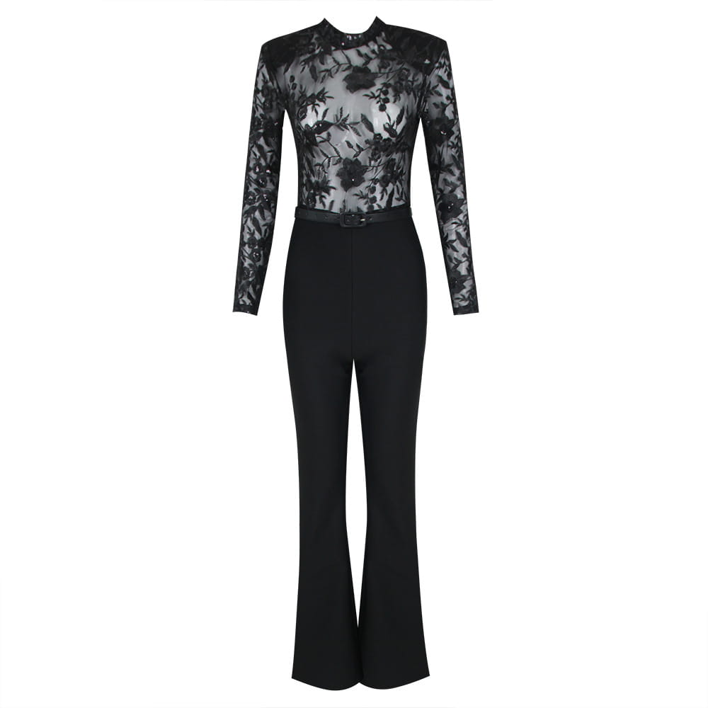 Womens sexy fashion see-through lace long-sleeved trouser