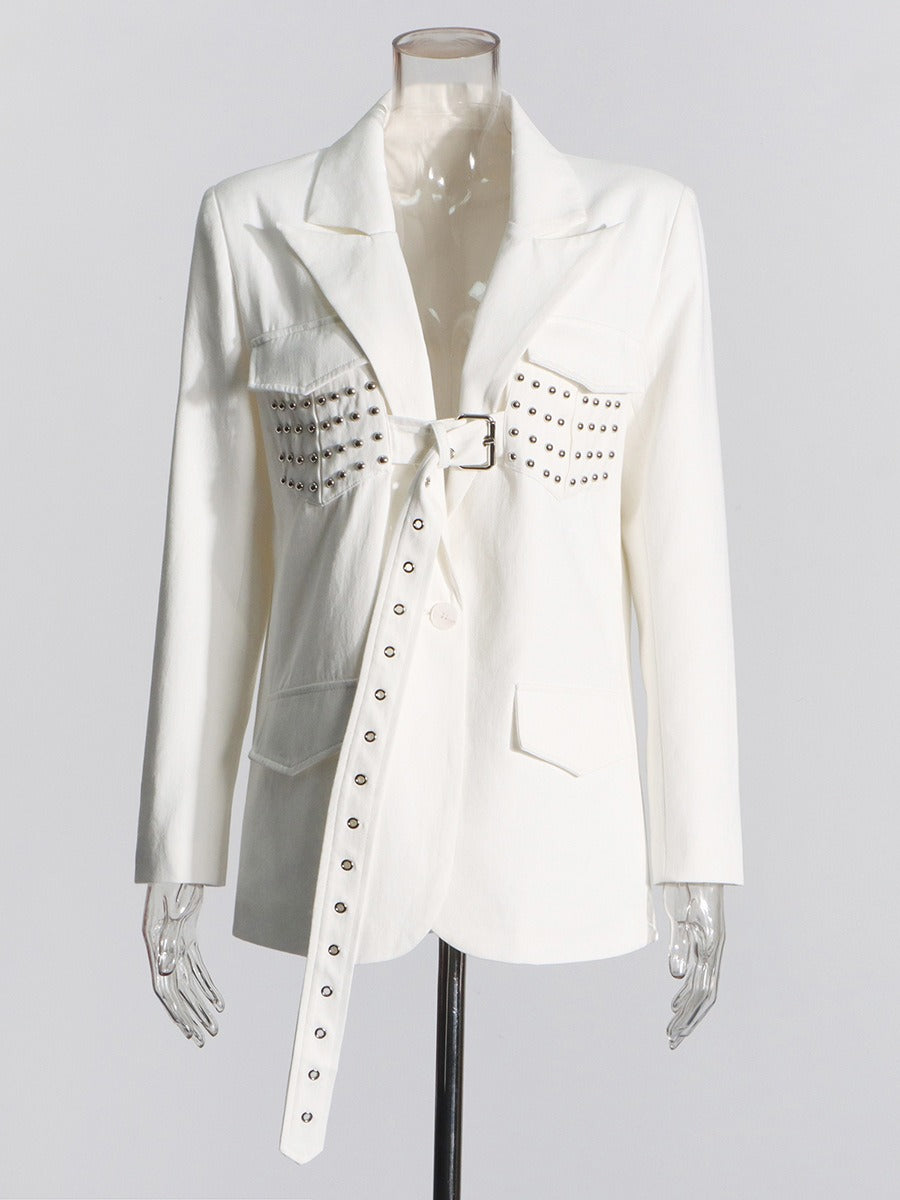 New Design White Long Sleeve Suit Coat for Women with rivet detail and belt - Pleasures and Sins   Pleasures and Sins