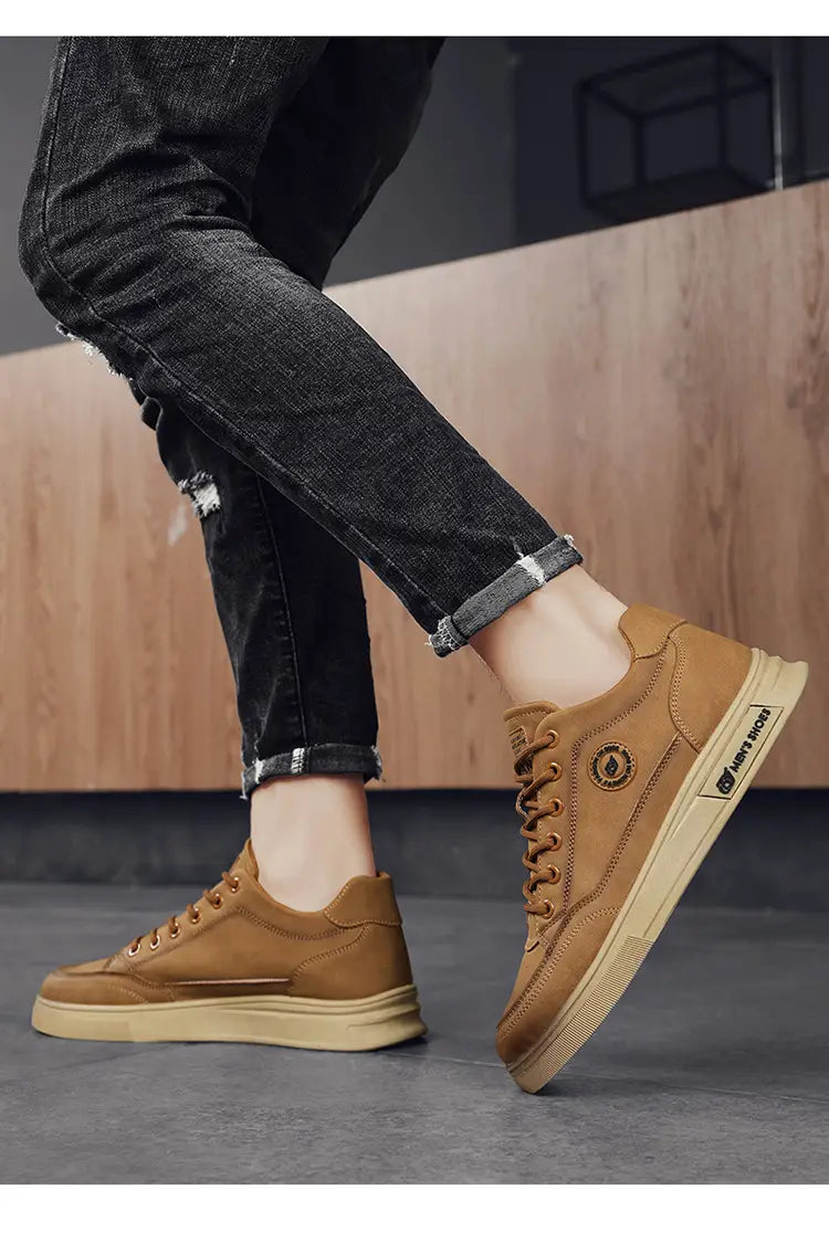 Tan leather sneakers with laces, part of Men’s British Style Soft Soled Casual Shoes.