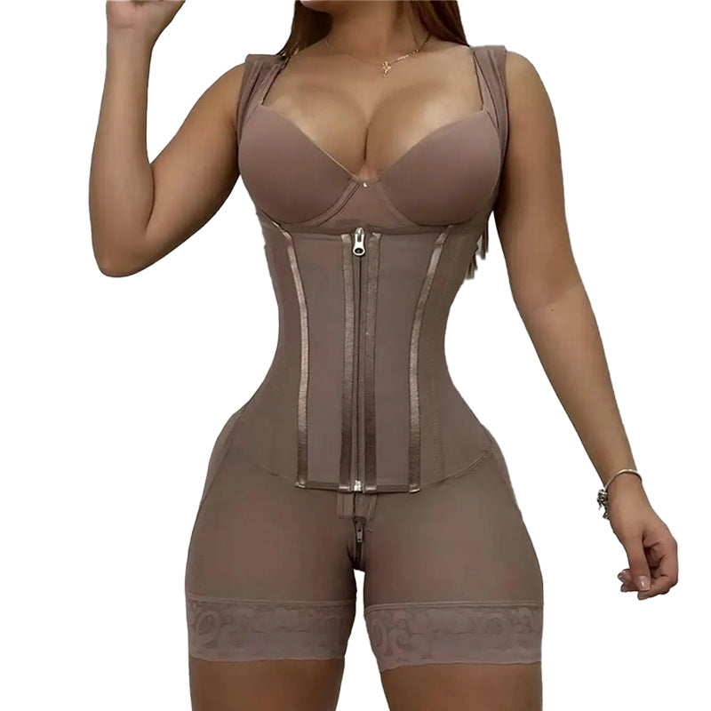 Waist cinching shapewear with abdomin shaping and hip lifting zipper