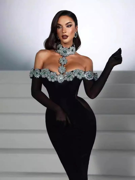 Rhinestone embellished Halter Neck Long Red Carpet Bandage Dress