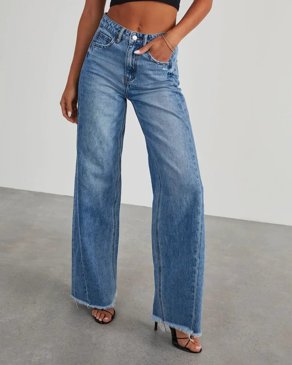 Ladies Loose Wide Leg Brushed Hem Denim Jeans for Comfy