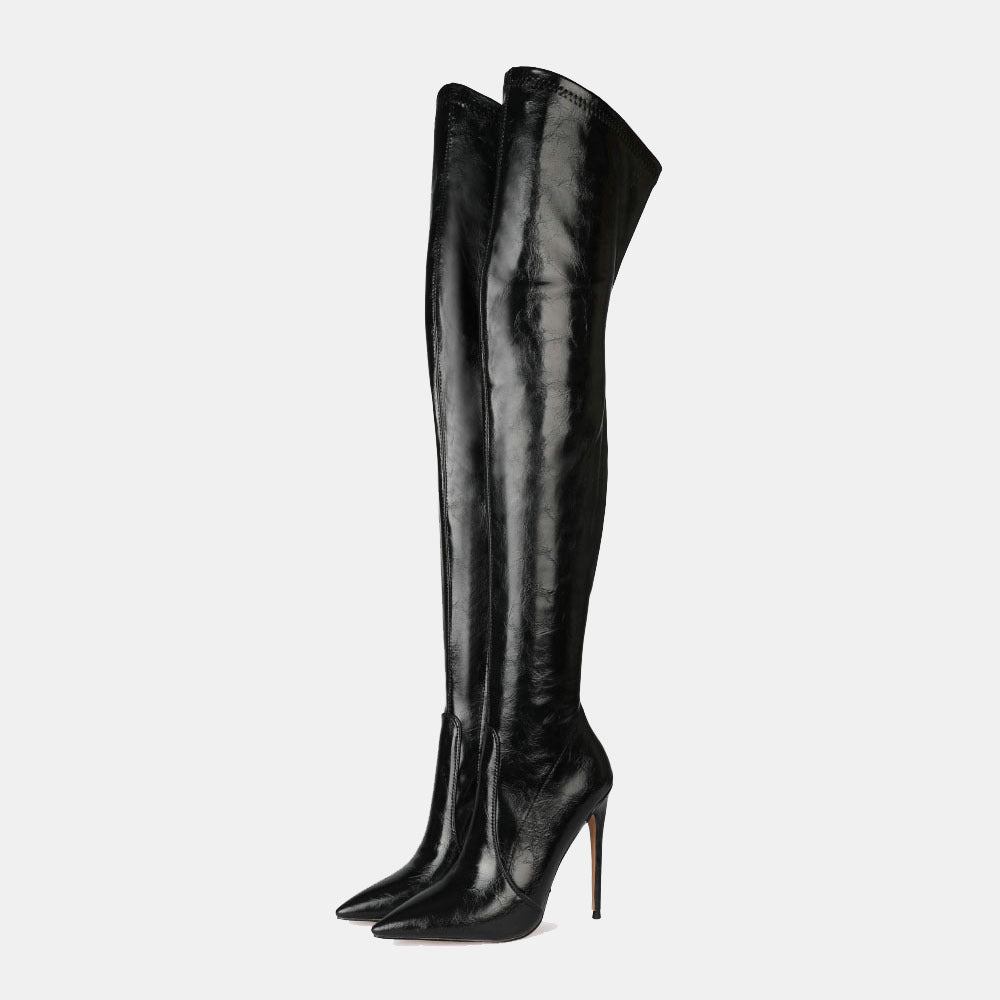 New Black Sexy Thin High Heel Thigh Length Pointed Toe Boots - Pleasures and Sins   Pleasures and Sins