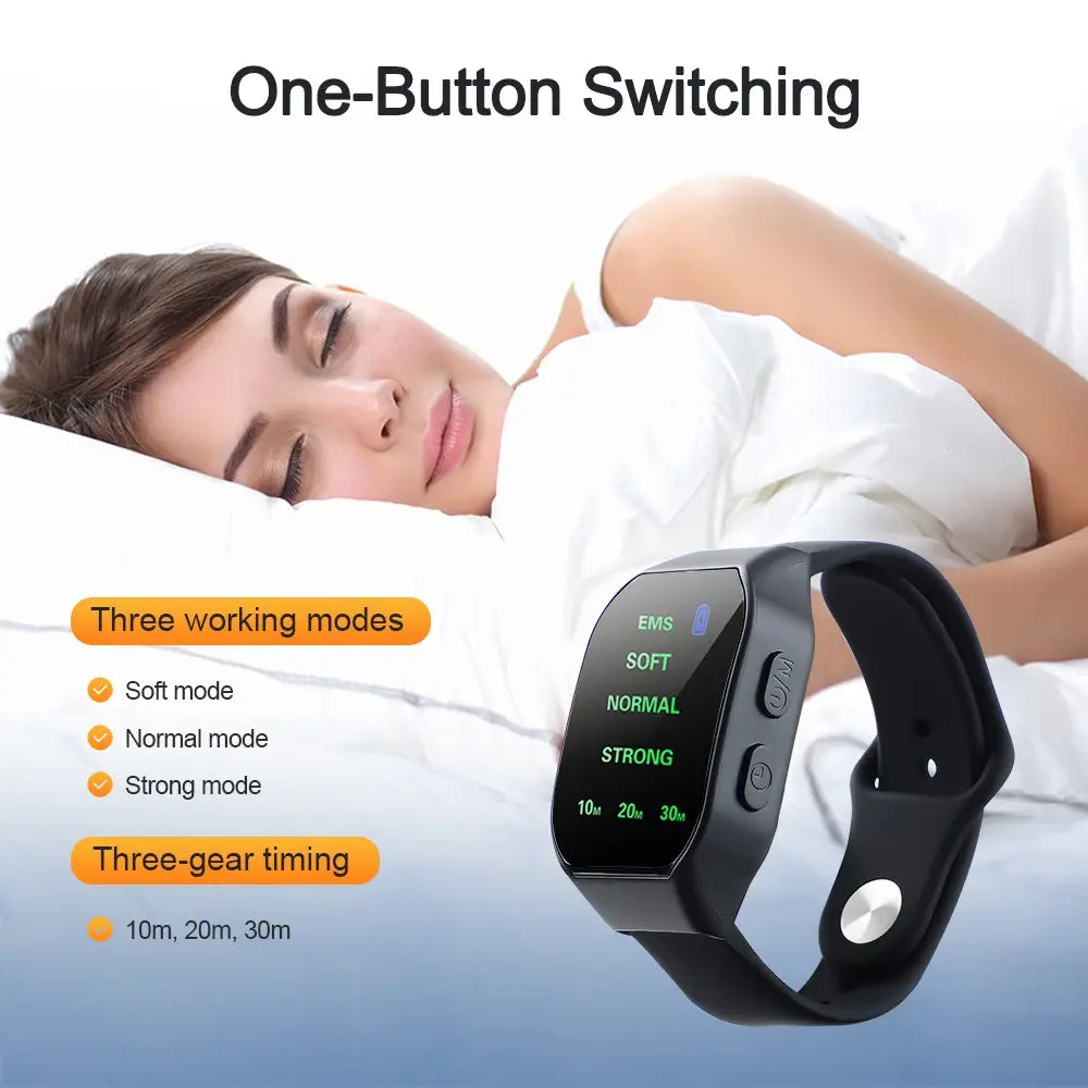 Black smartwatch showcasing various modes for Hand Wear Sleeping Aid with EMS Pulse Therapy.