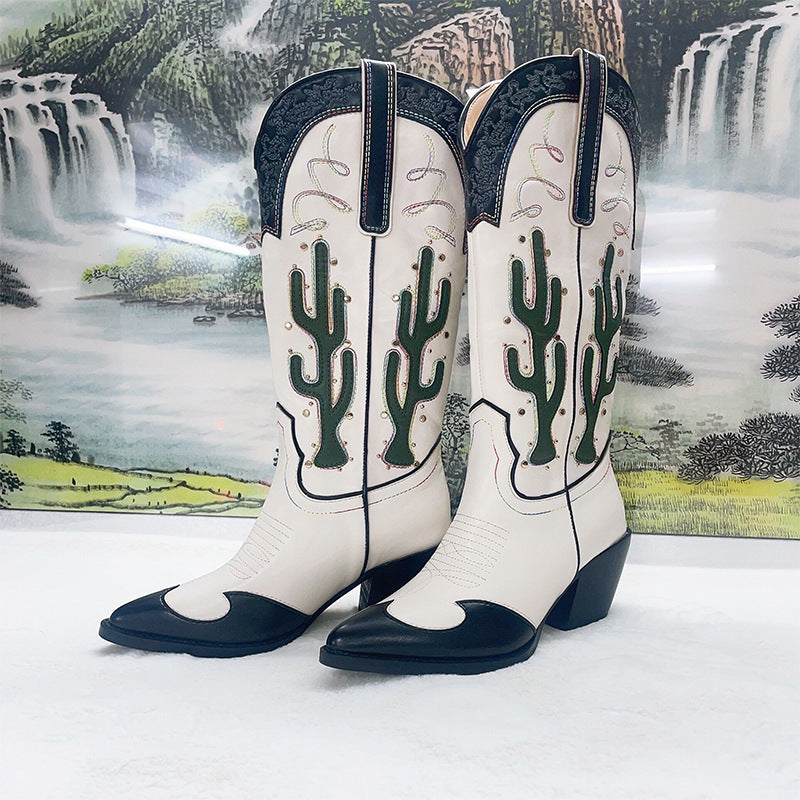 Western Cowboy Mid Calf Women Chunky High Heels Cactus Cowgirl Boots - Pleasures and Sins   Pleasures and Sins