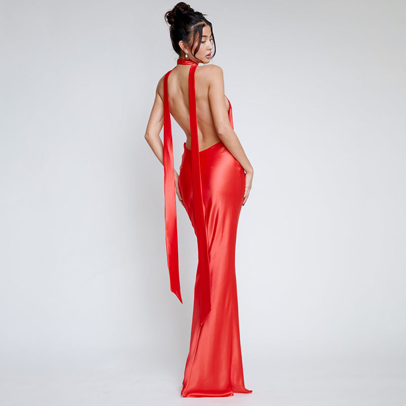 Hot selling women's backless long dress, sexy, solid color, deep V-neck, - Pleasures and Sins   Pleasures and Sins