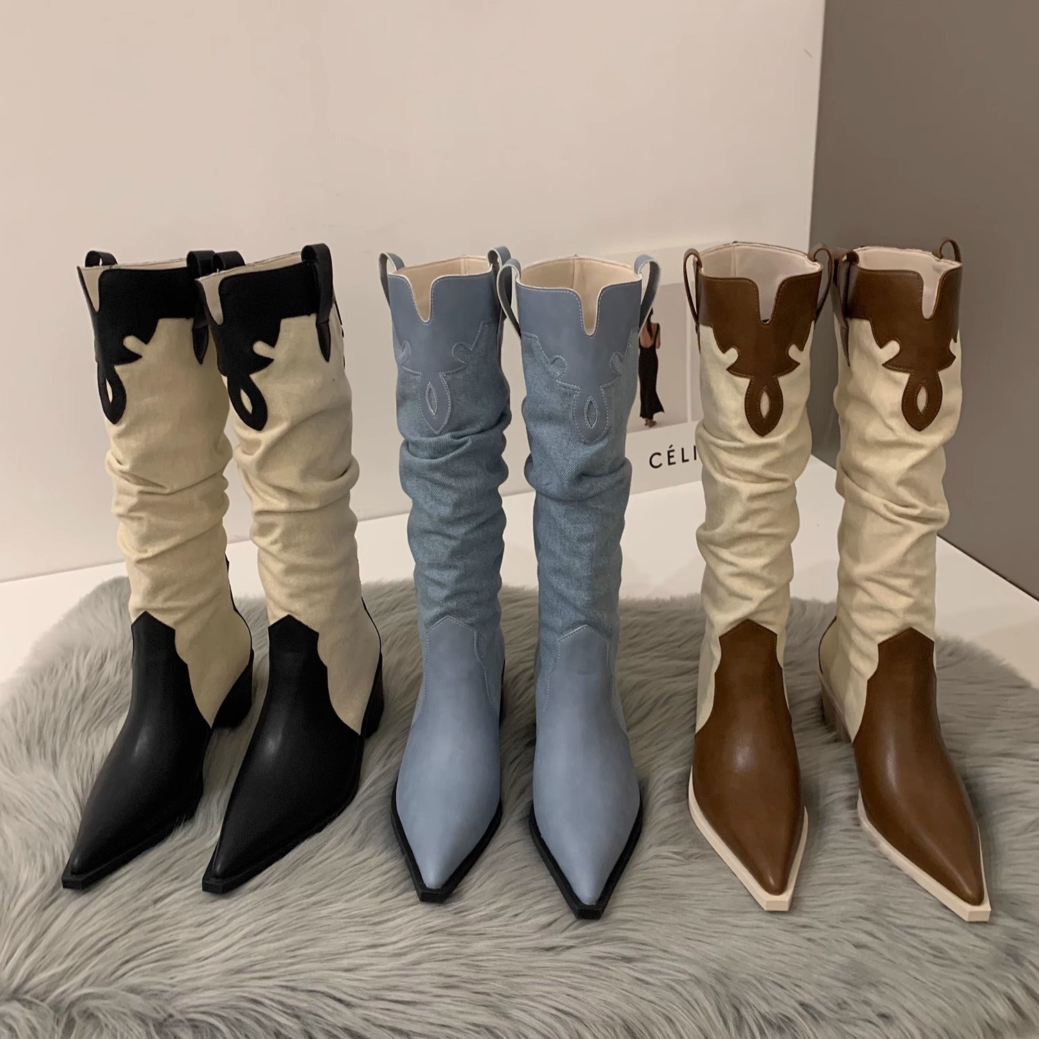 Western Cowboy Boots Low Heel  Pointed Toe Knee High Suede Boots - Pleasures and Sins   Pleasures and Sins