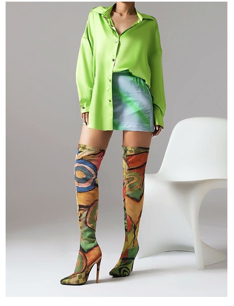 Plus Size Art Graffiti Over Knee Boots Pointed Toe