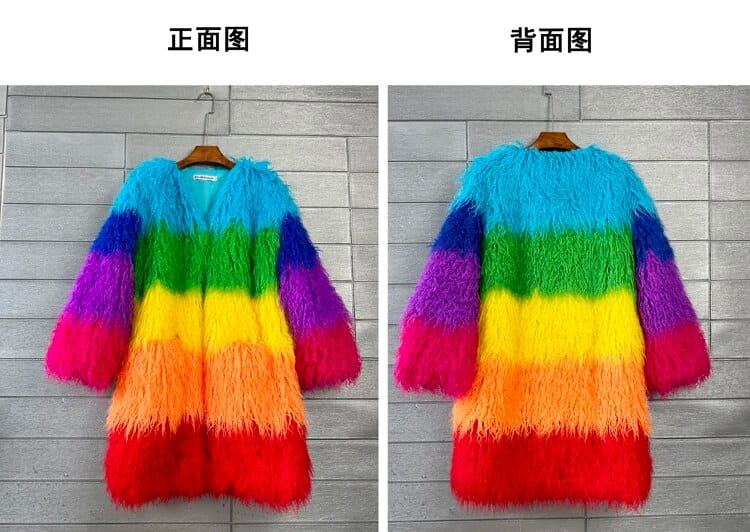 Winter Faux Fur Coat Shaggy Rainbow Outerwear