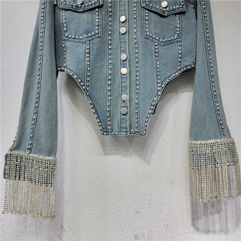 Heavy denim diamond chain jacket women's niche design slim jacket top - Pleasures and Sins   Pleasures and Sins