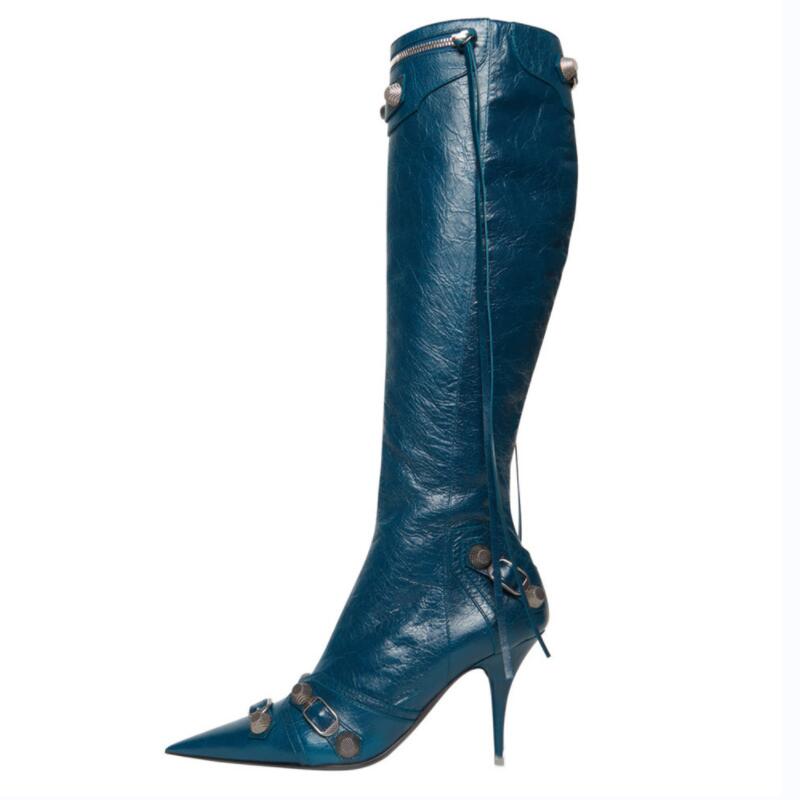 Womens Pointed Toe Metal Buckle Zipper Boots Rivet High Heel Luxury
