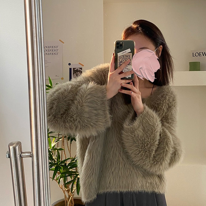 Knitted top women's loose fitting pullover imitation mink fur top