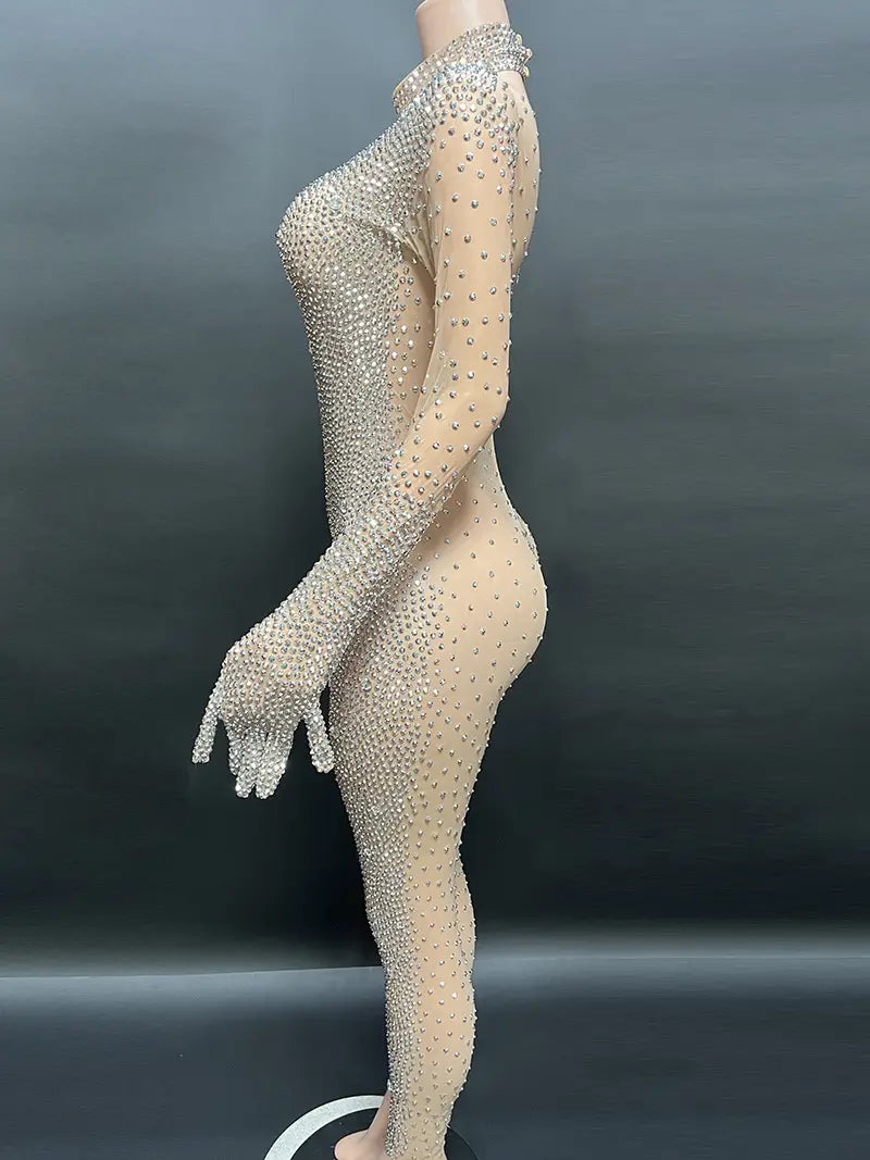 Round neck long sleeved skin tight Rhinestone jumpsuit