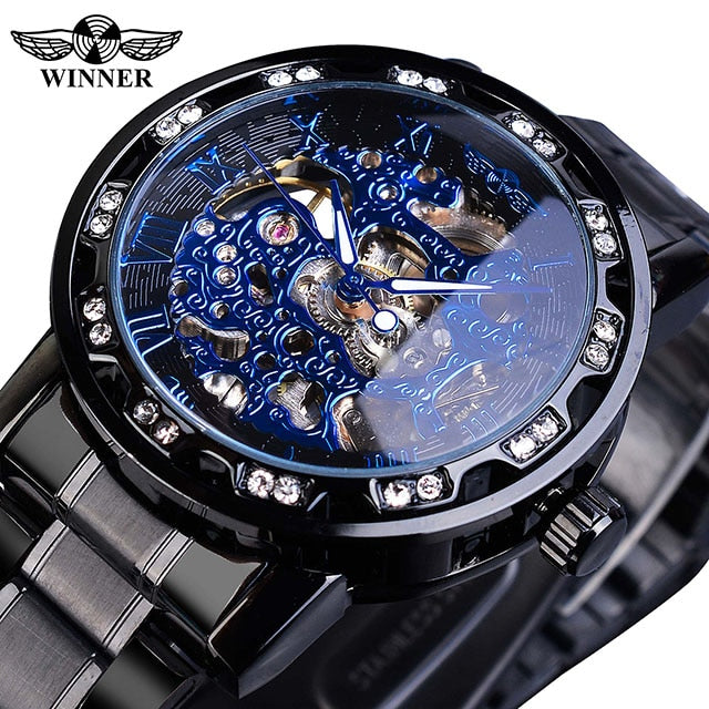 Mens Rhinestone Roman Analog Skeleton Mechanical Stainless Steel Luminous Watch - Pleasures and Sins   Pleasures and Sins